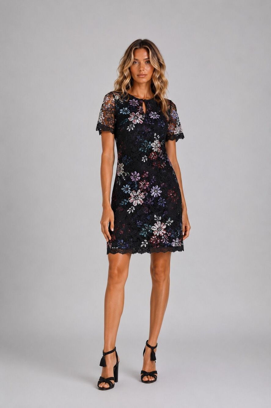 NWT Marchesa Notte Floral Lace A-Line Mini Dress Black Keyhole V-Back 8 (147)